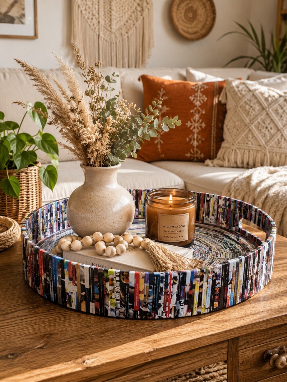 Large Handmade Recycled Magazine Paper Tray Basket 15.5" Boho Catchall Decor